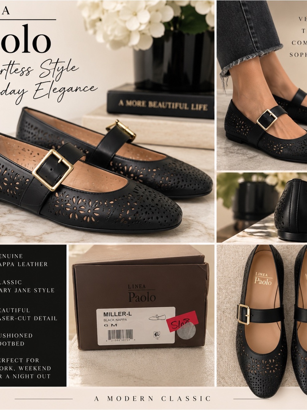 Paolo Black Laser-Cut Mary Jane Flats with Gold Buckle